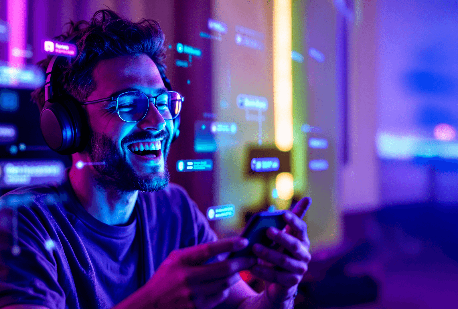 SoftSystem Telecom - Jogador feliz usando internet de alta velocidade