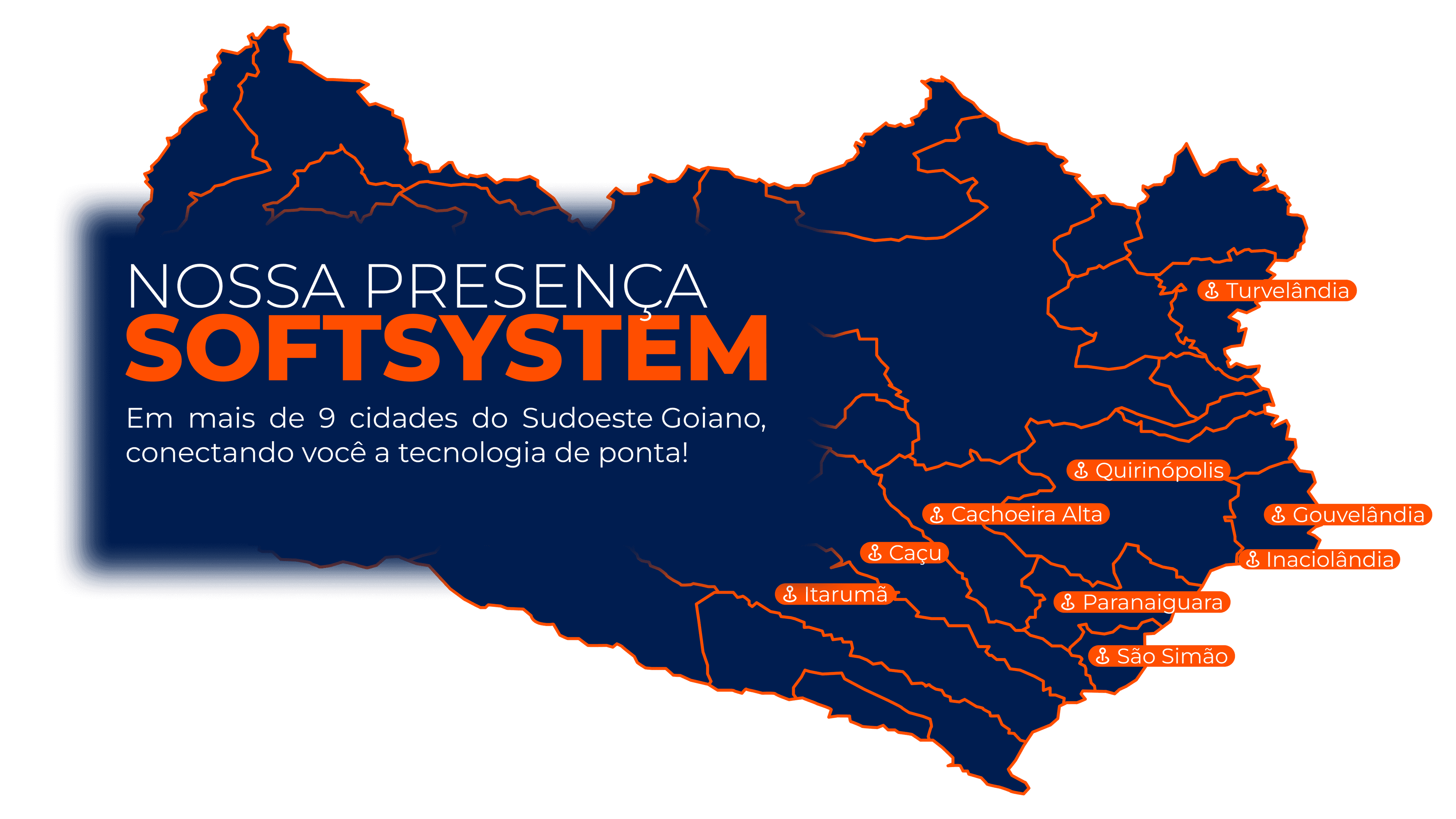 Mapa de cobertura SoftSystem Telecom - Presença em 9 cidades do Sudeste Goiano: Turvelândia, Quirinópolis, Gouvelândia, Inaciolândia, Caçu, Cachoeira Alta, Paranaiguara, São Simão, Itarumã